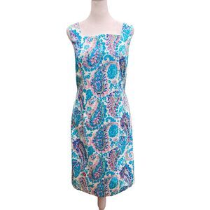 Talbots Knee Length Shift Dress Womens Petite 14 Blue Paisley Coastal Preppy